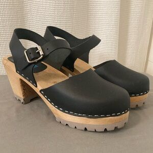 MIA ABBA Shoes Clogs Black Leather Wood Sole Adjustable Ankle Strap NEW 39